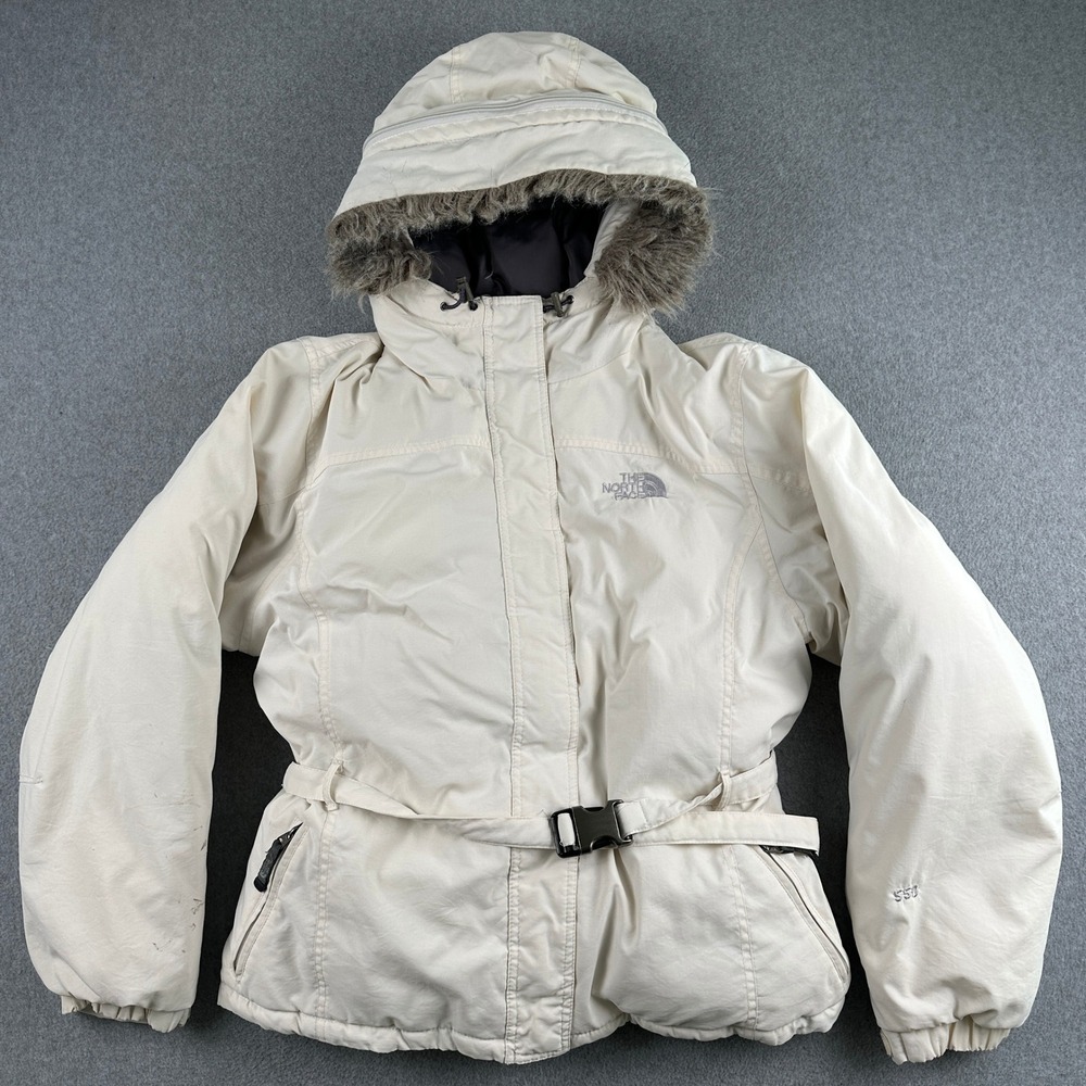 The North Face Puffer Jacket Womens 2XL White 550 Down Hooded Belted Parka Coat